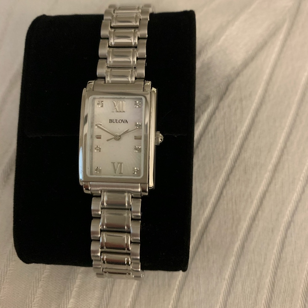 Bulova square face mother of pearl silver band